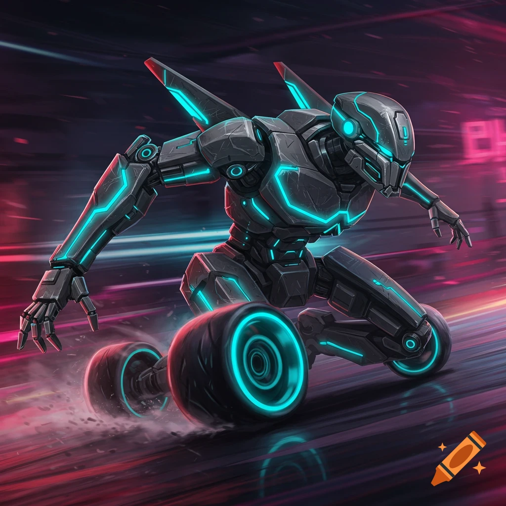 A futuristic robot races on two wheels in a cyberpunk city