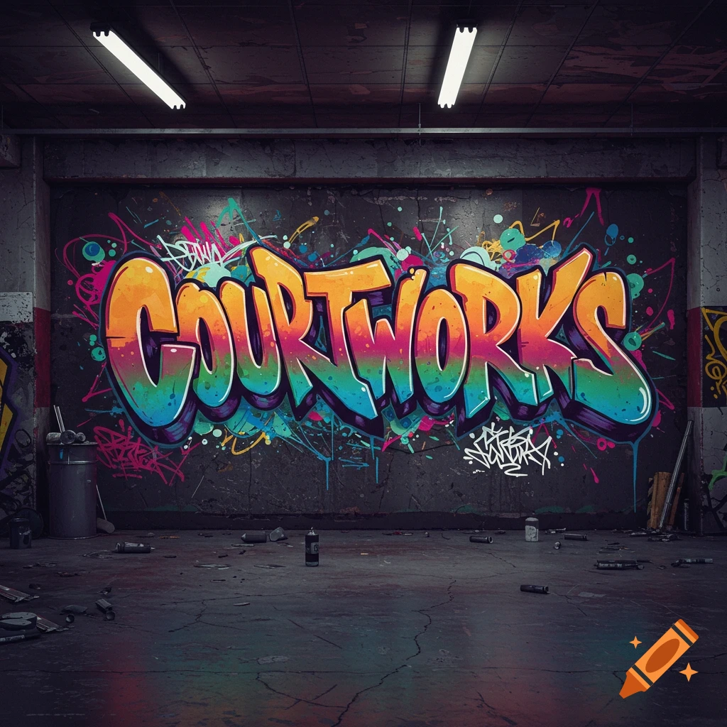 Graffiti art saying COURTWORKS on a warehouse wall in an urban setting.