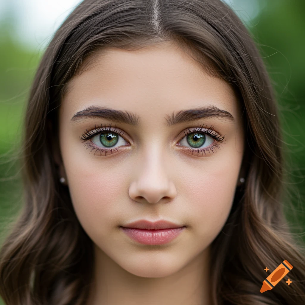 Close-up portrait of a young girl with green eyes and brown hair