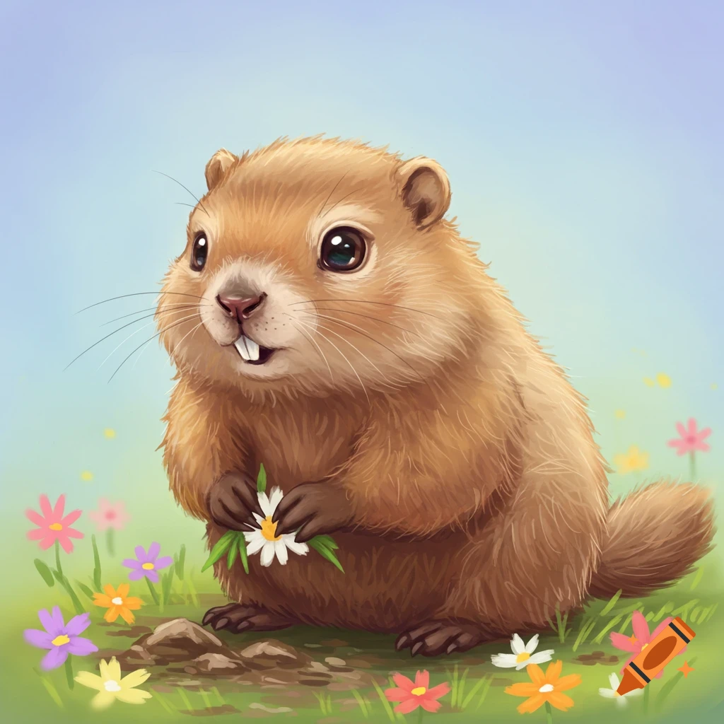 A cute groundhog sitting in a field of colorful flowers, holding a flower.