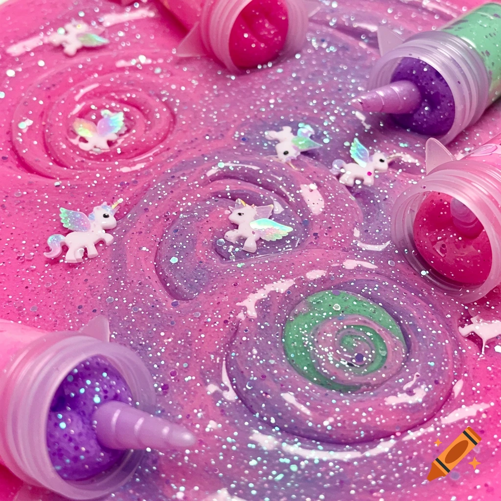 Close-up of sparkly pink, purple, and green slime with unicorn figures and horn-shaped containers.