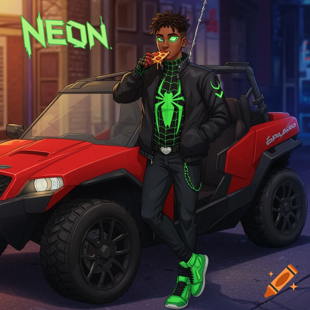 Digital illustration of a young superhero eating pizza next to a red vehicle in an urban setting.