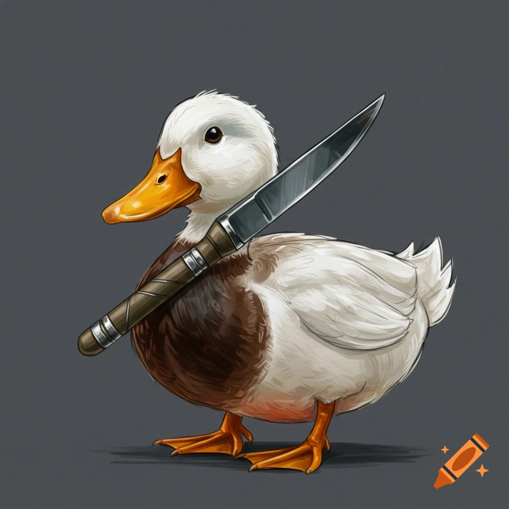 A duck stands upright, gripping a large knife.