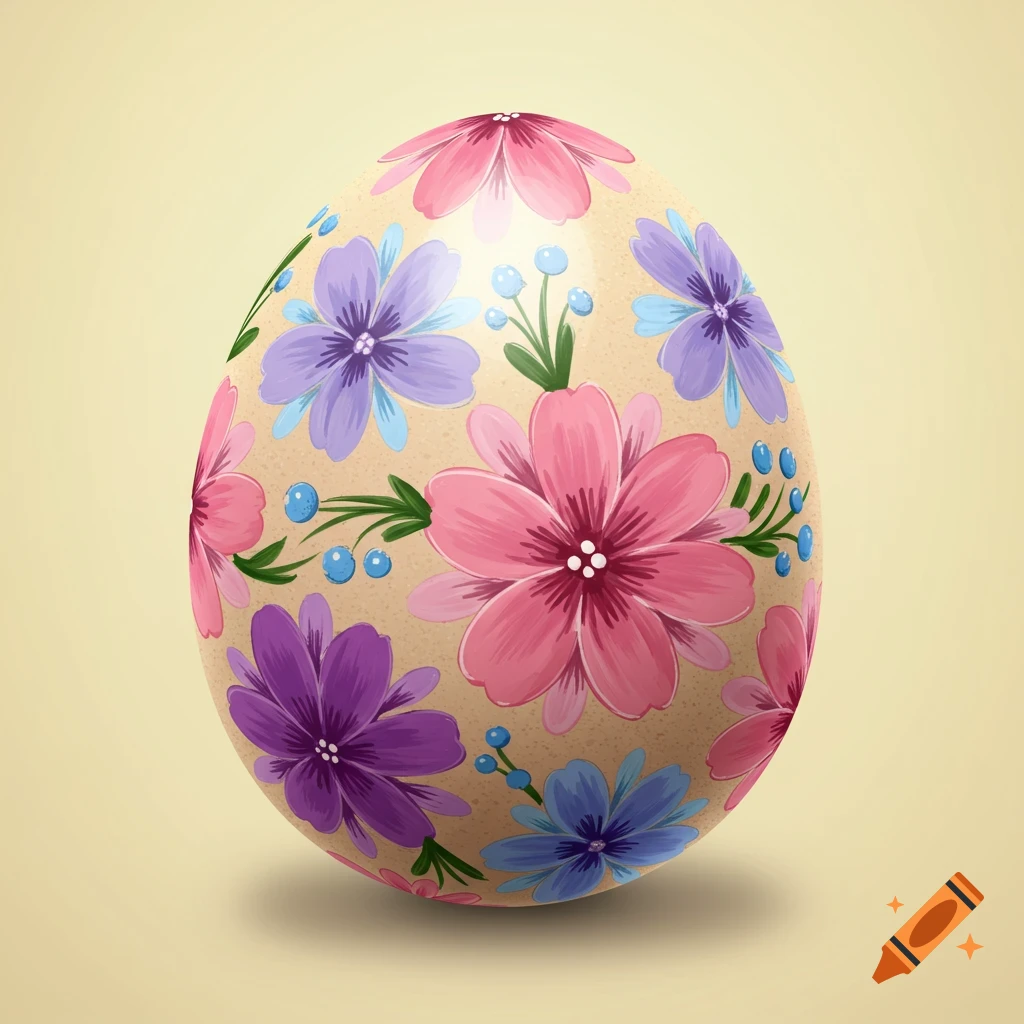 A digitally painted Easter egg decorated with pink, purple, and blue flowers.