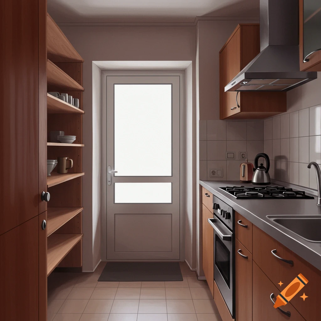 A kitchen interior with shelves, a door, counter with stove, oven, and sink.