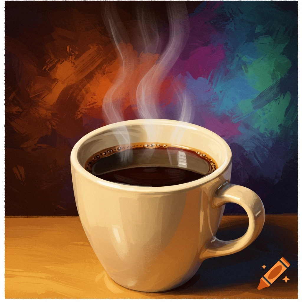 A steaming cup of coffee sits on a table against a colorful background.