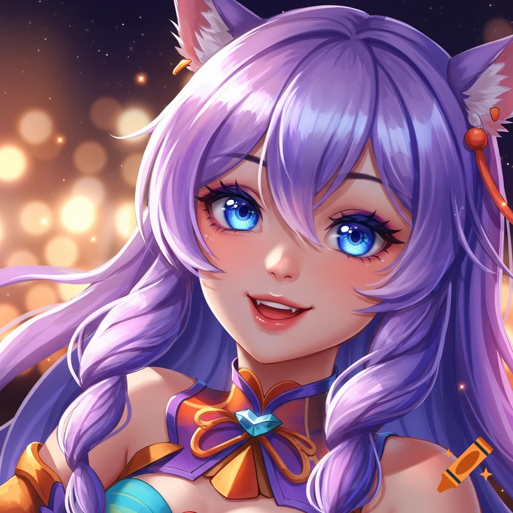 Anime portrait of a girl with purple hair, blue eyes, and cat ears, smiling.