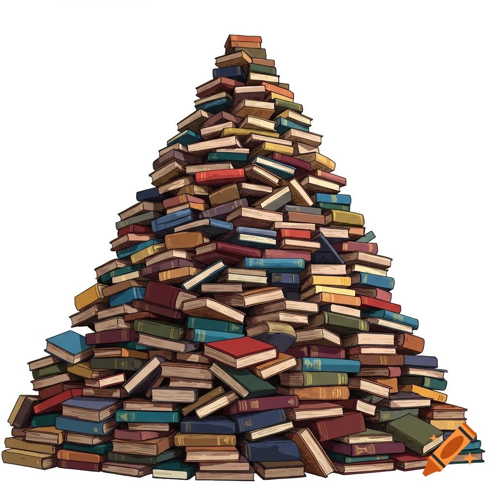 A large pile of colorful books stacked high like a mountain against a white background.