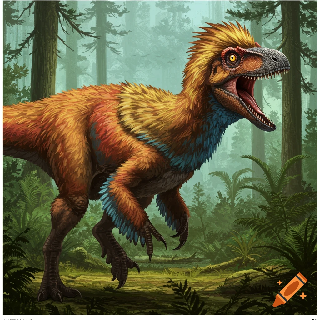 A feathered Yutyrannus dinosaur stands in a forest.
