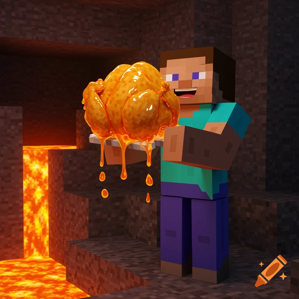 Minecraft Steve holds a cooked chicken dripping lava in a cave.