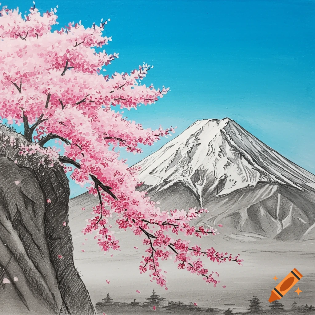 Sketch of Mount Fuji with a large cherry blossom tree in the foreground