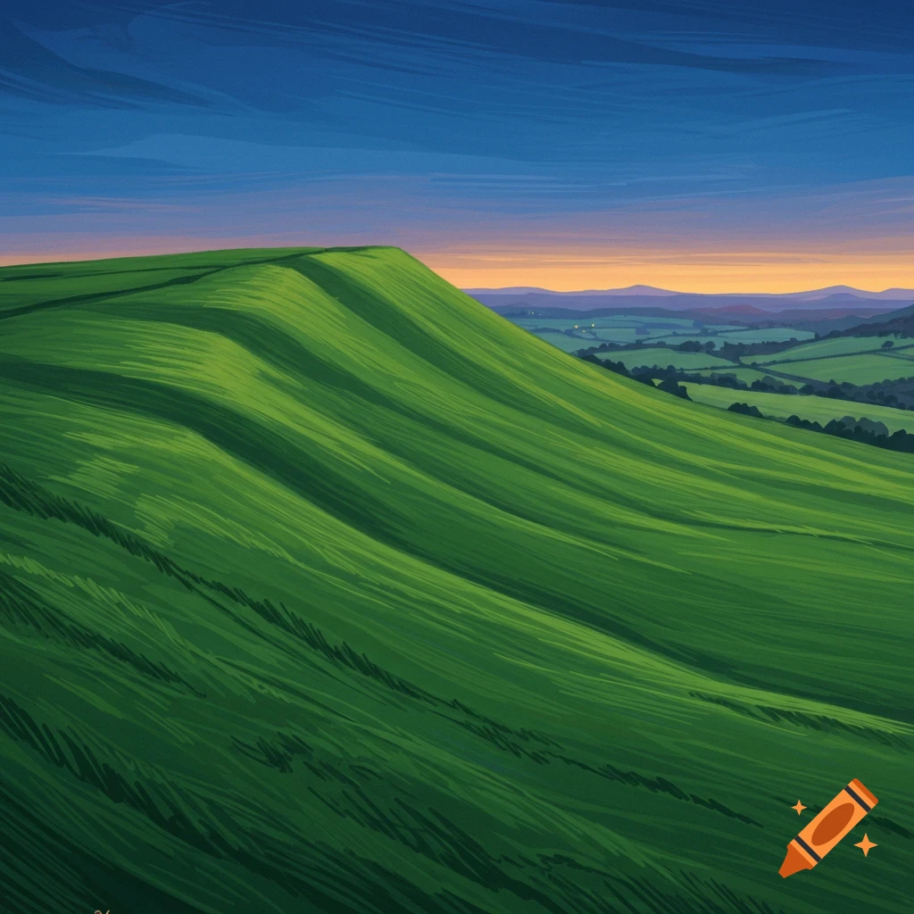 A green hill in the foreground with a distant landscape under a twilight sky.
