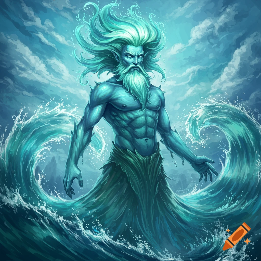 A muscular water god with a beard stands in waves under a cloudy sky.