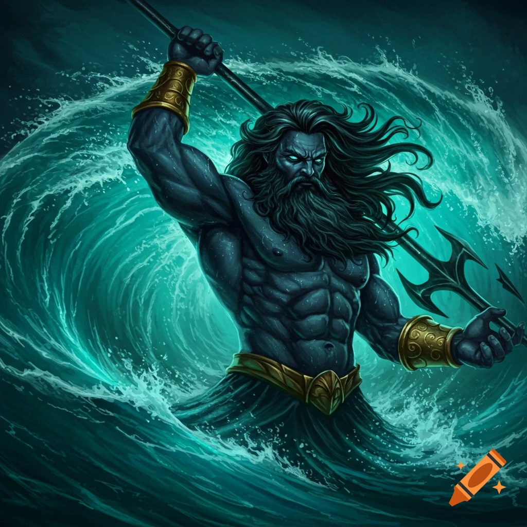 Poseidon rising from the sea with a trident.