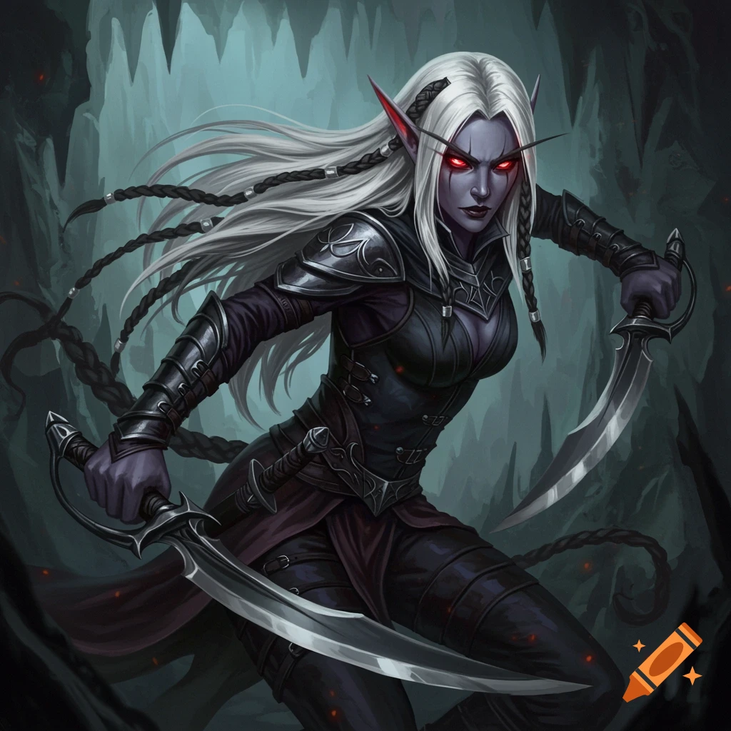 An illustration of a drow elf warrior with white hair and red eyes, holding two swords in a dark cave.