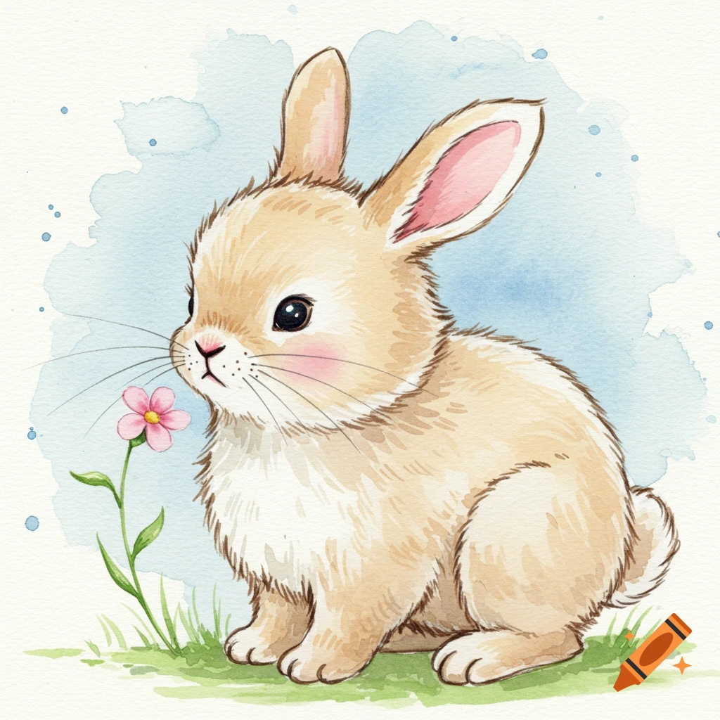 A cute watercolor painting of a bunny sitting in grass next to a pink flower.