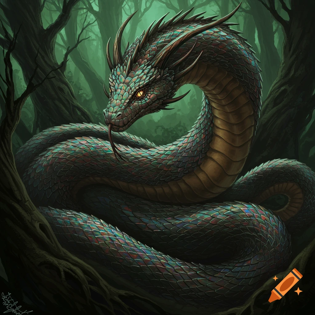 A large scaly fantasy snake or dragon creature coiled in a dark forest.