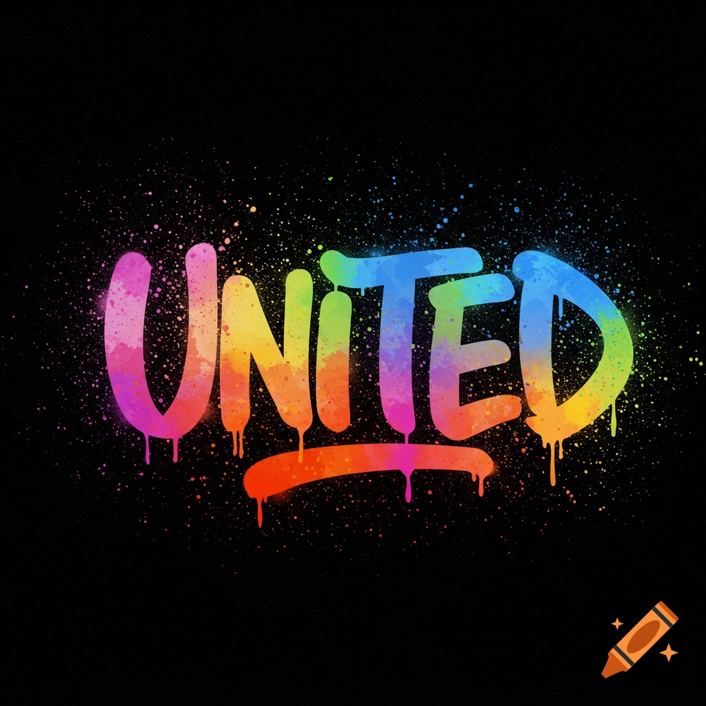 The word UNITED in colorful dripping spray paint on a black background with splatters.