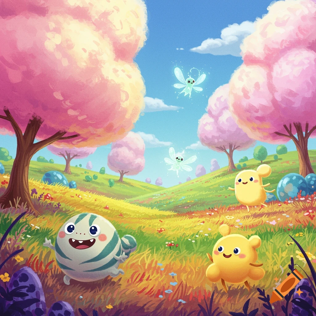 Cute fantasy creatures in a bright, colorful meadow with pink trees and fireflies.