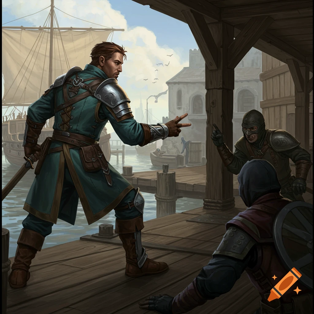Three figures in fantasy gear on a dock, one gesturing while two others react. A ship and buildings are behind them.
