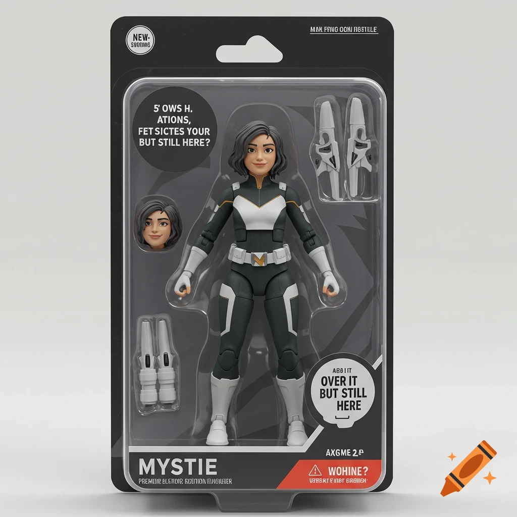 An action figure of a woman in grey and white armor, packaged in a blister pack.