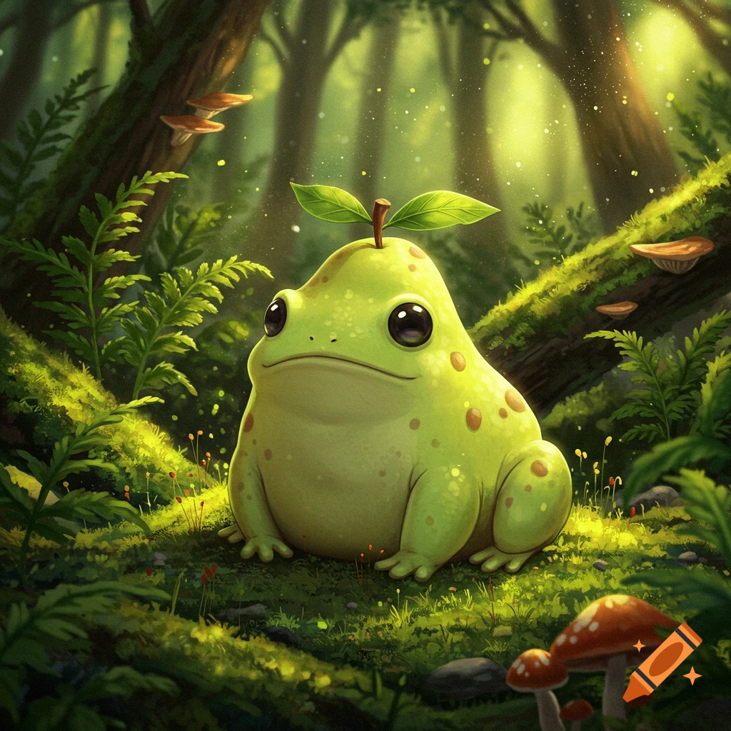 A green, pear-shaped creature with spots sits in a sunlit fantasy forest among moss and mushrooms.