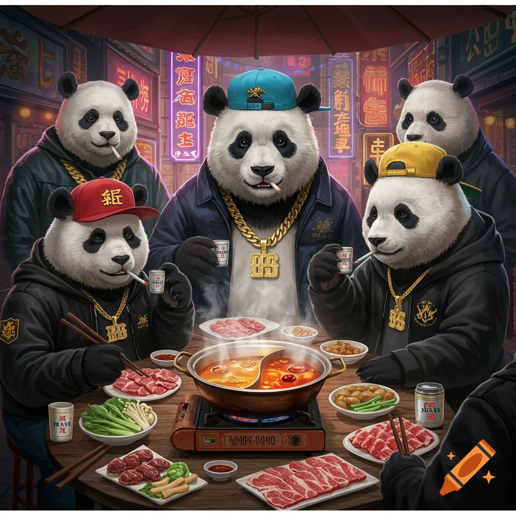 Several pandas in hip hop clothing are gathered around an outdoor hot ...