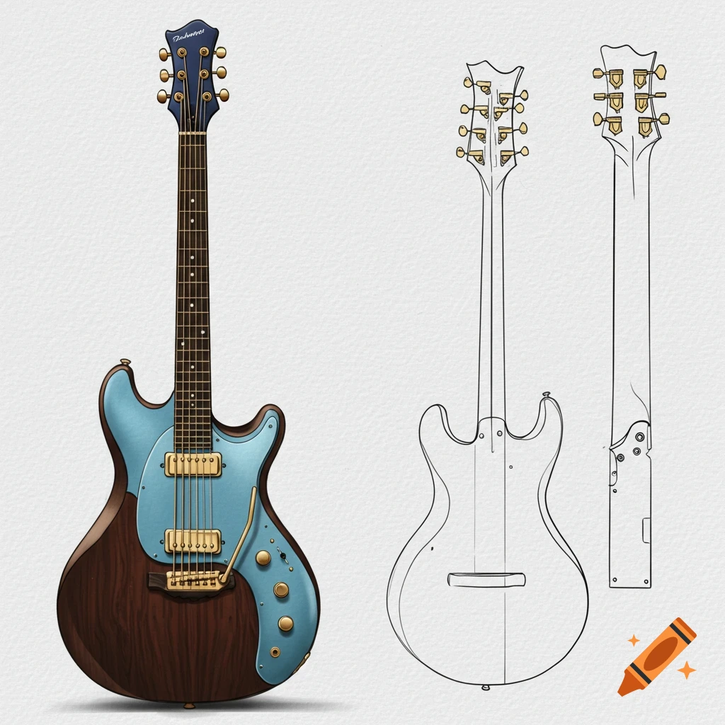 A blue and brown electric guitar with line art sketches.