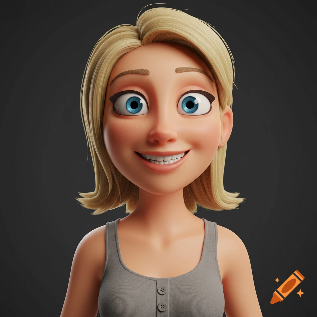 3D render of a smiling blonde animated woman with blue eyes in a gray tank top.