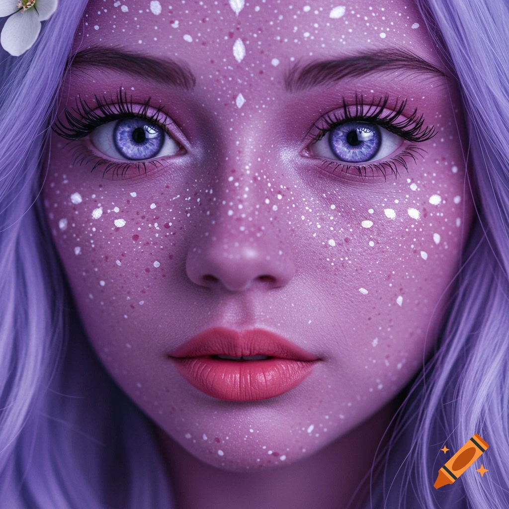 Close-up portrait of a fantasy character with purple skin, white freckles, purple hair, and blue eyes.