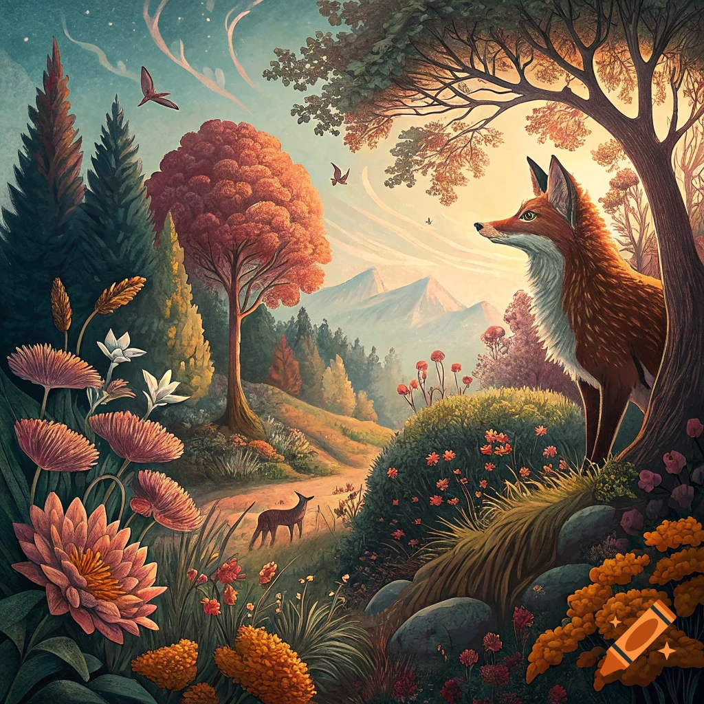 A fox stands in a lush forest clearing at sunrise, with flowers, a deer, birds, and mountains in a painterly style.
