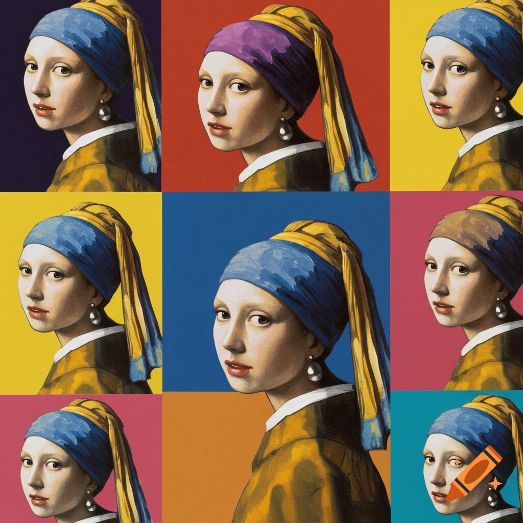 A grid of pop art portraits resembling the 'Girl with a Pearl Earring' painting, each with a different brightly colored background.
