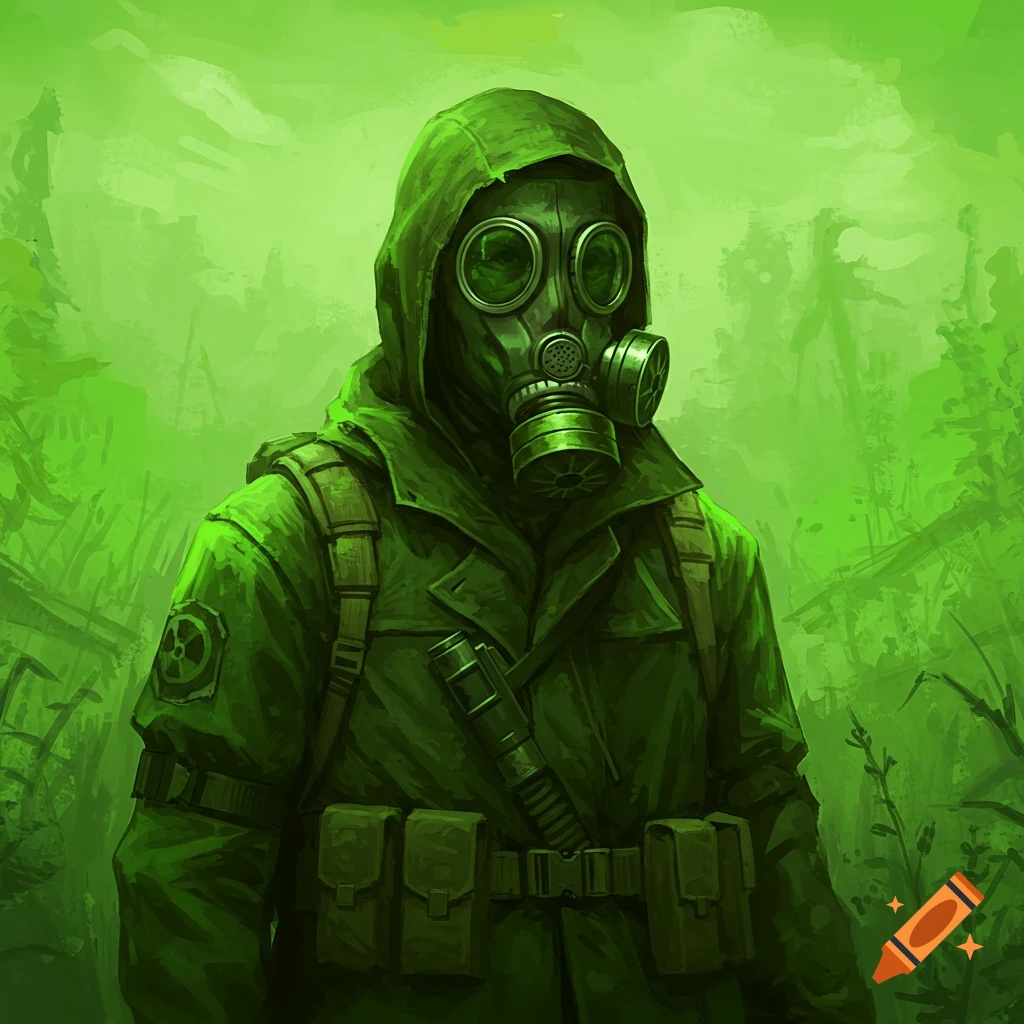 A person in a gas mask and green tactical gear is in a desolate green landscape.