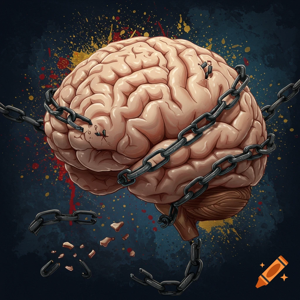 A human brain bound by breaking chains.