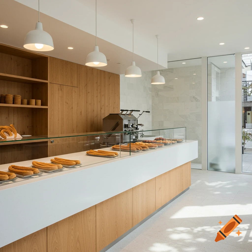 Interior view of a modern churro shop with wood paneling, white counter, glass display cases filled with churros, and large windows, photorealistic style.