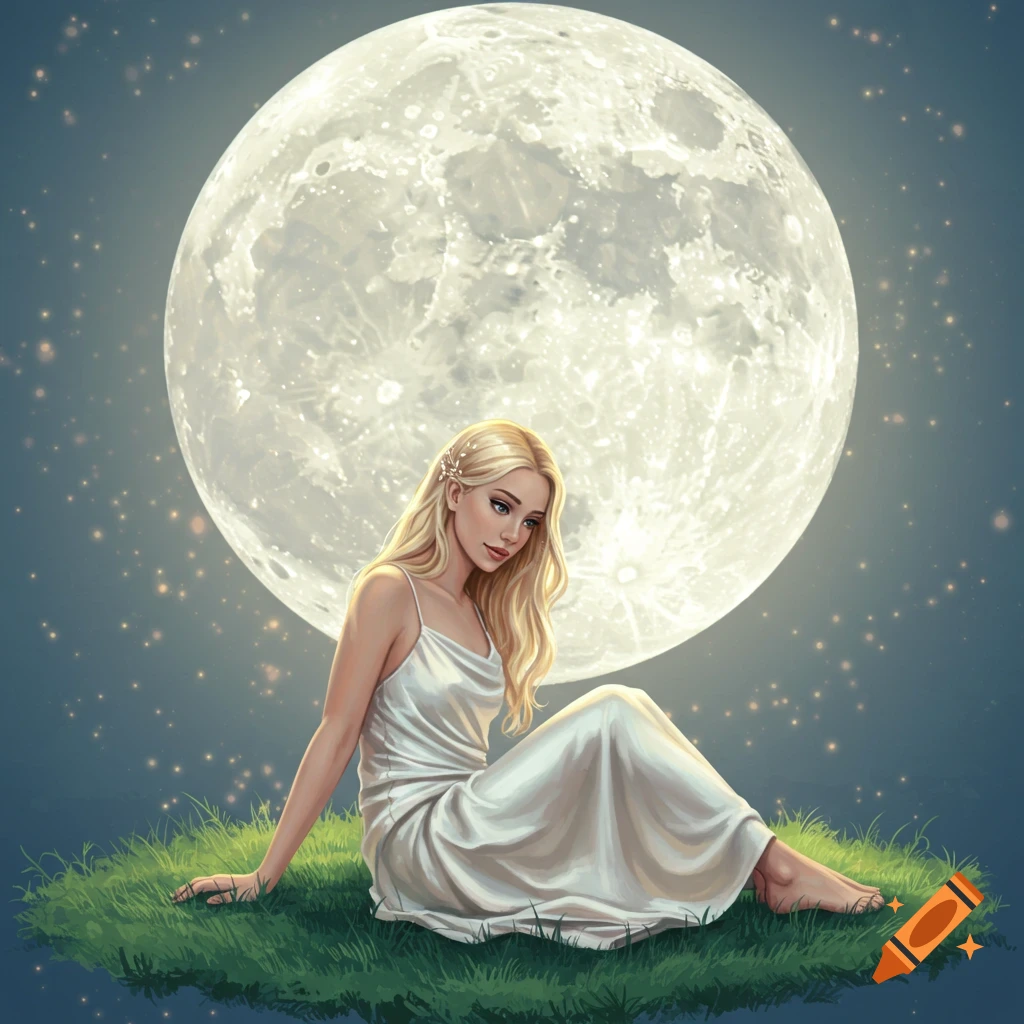 A woman sitting on grass under a large full moon