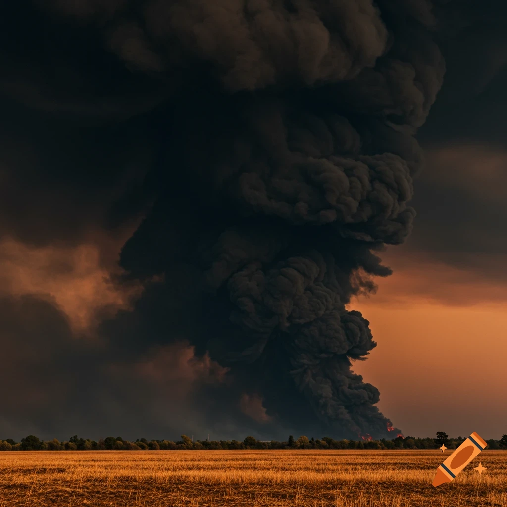 Massive column of black smoke rises from fires in a dry field under a dark orange sky, photorealistic style.