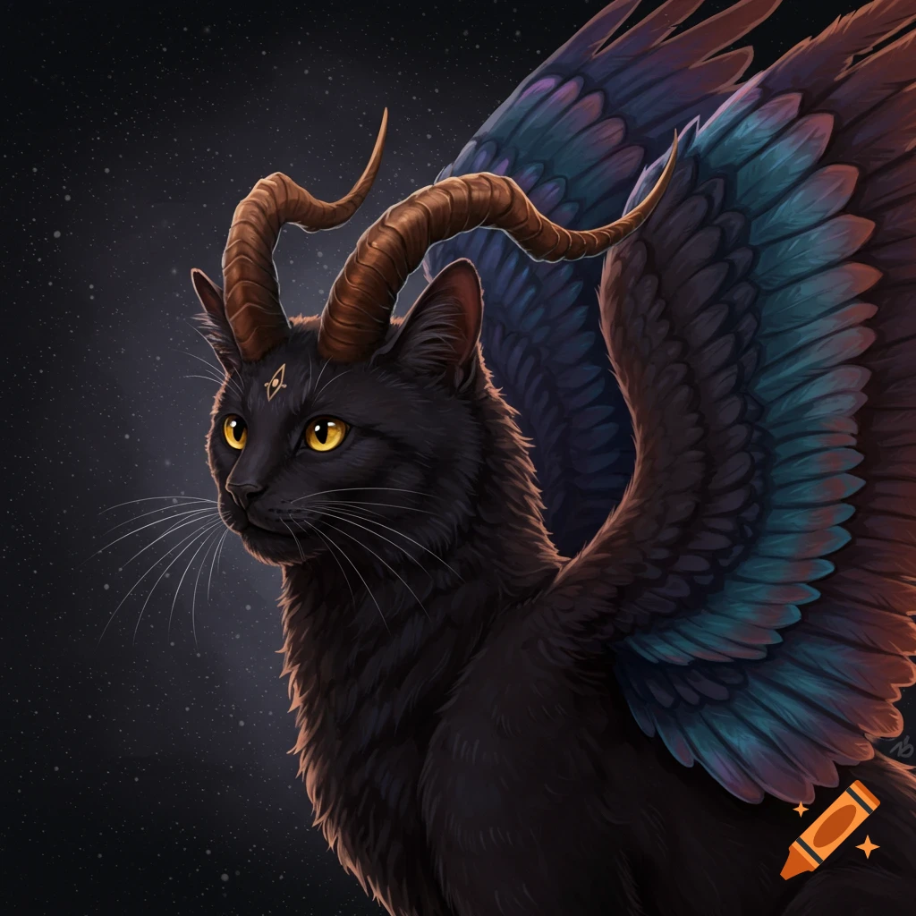 A black cat with horns and large wings against a starry sky.
