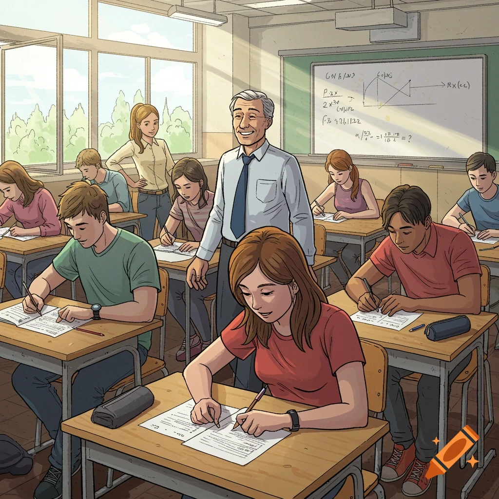 A teacher and students taking a test in a classroom.