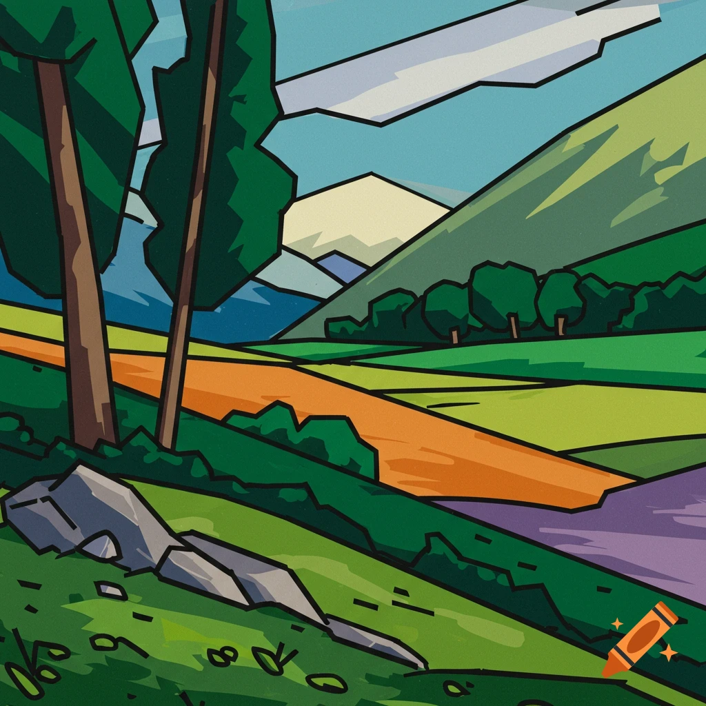 Geometric abstract landscape with trees and hills