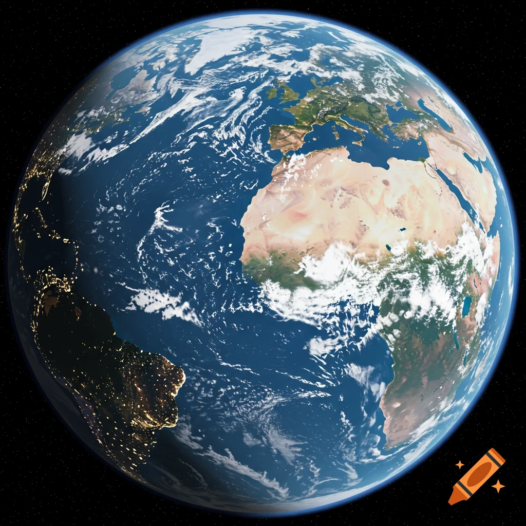 View of Earth from space showing continents, clouds, oceans, and city lights on the night side.