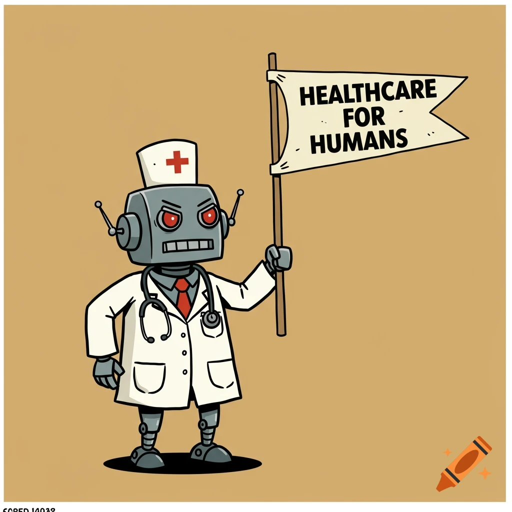 Cartoon robot dressed as a doctor holds a flag reading 'Healthcare for Humans' in a simple style.