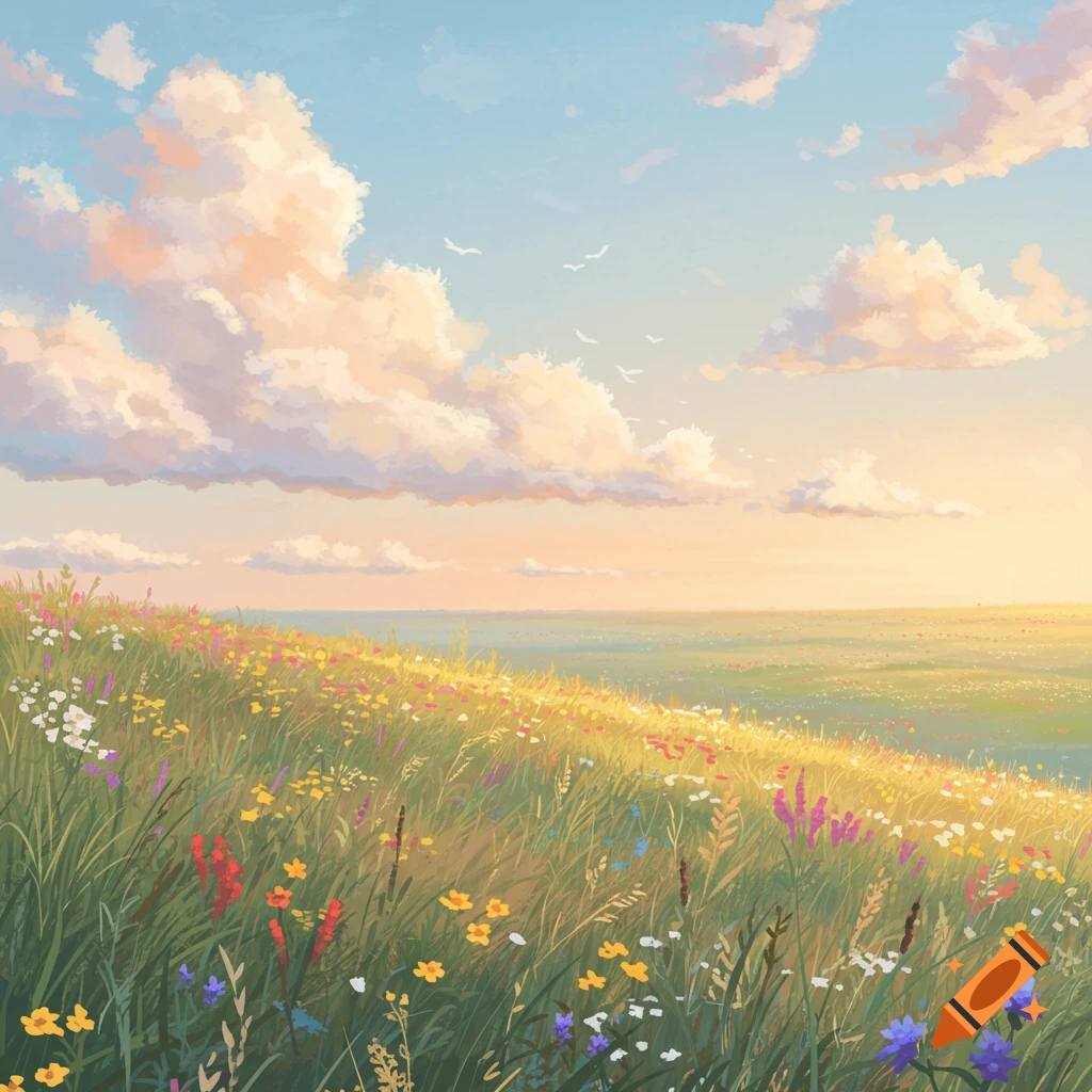Sunlit field of wildflowers under a cloudy sky.