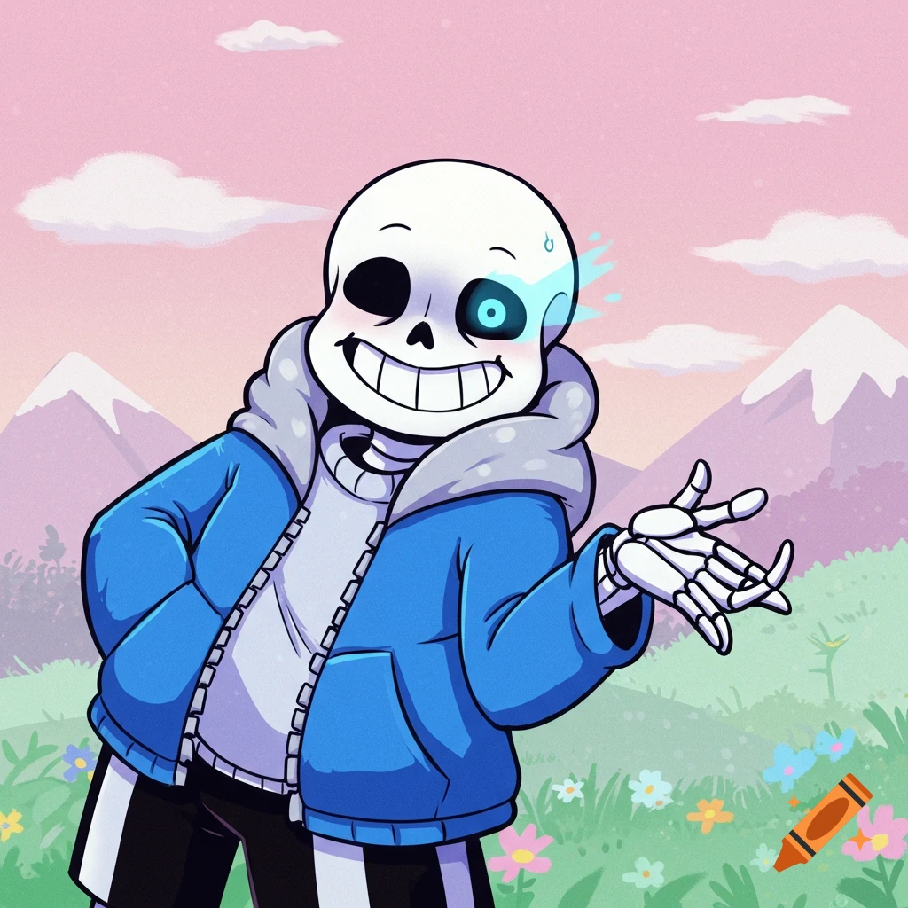 A scene depicting Sans the skeleton in a field with mountains.