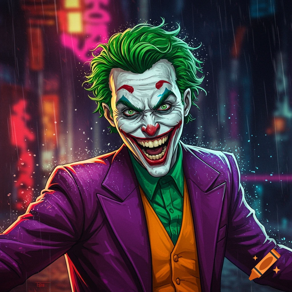 A man, dressed as the Joker, stands in the rain, smiling maniacally.