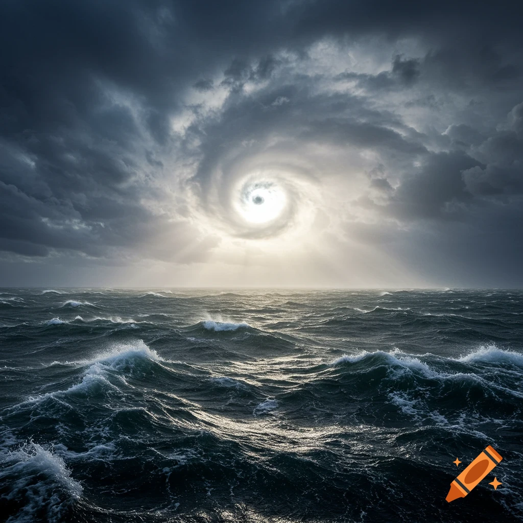 Dramatic shot of a hurricane eye over a stormy ocean.