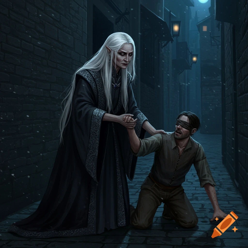 A mysterious woman with white hair is helping a blindfolded man in a dark alley.