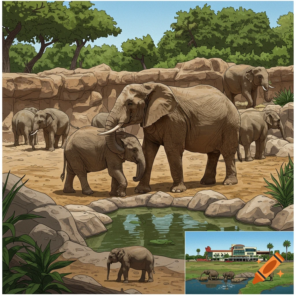 A group of elephants in a zoo enclosure near a pond.