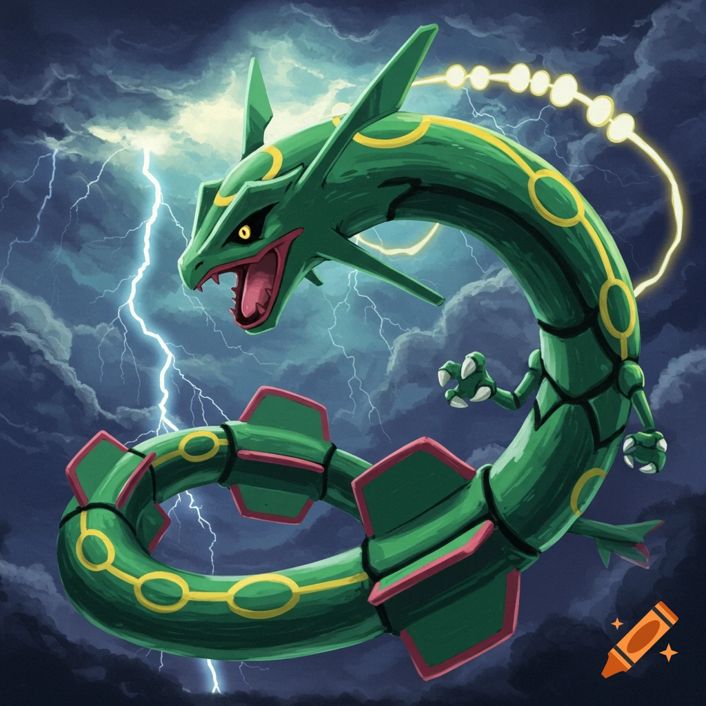 The green dragon-like Pok
emon Rayquaza flying in a stormy sky with lightning.