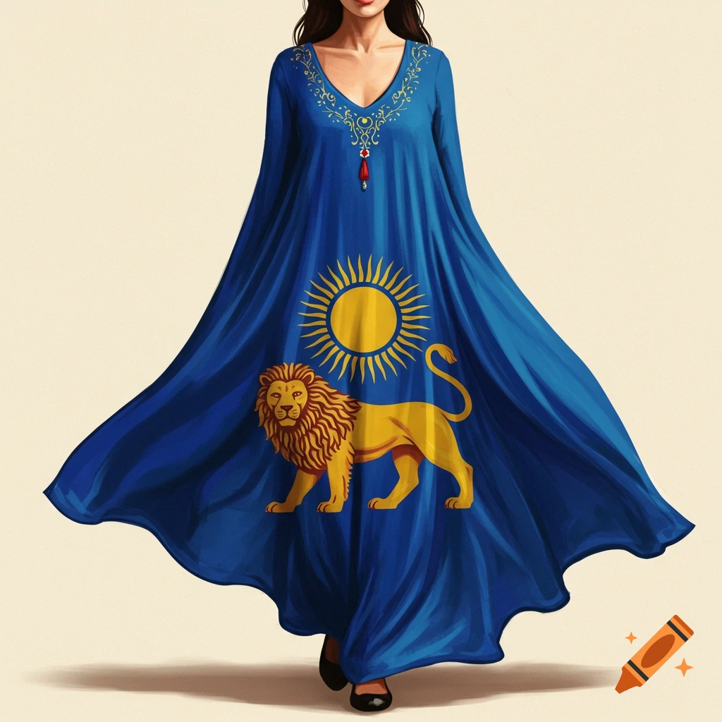 A woman in a blue dress adorned with a golden sun and lion symbol.
